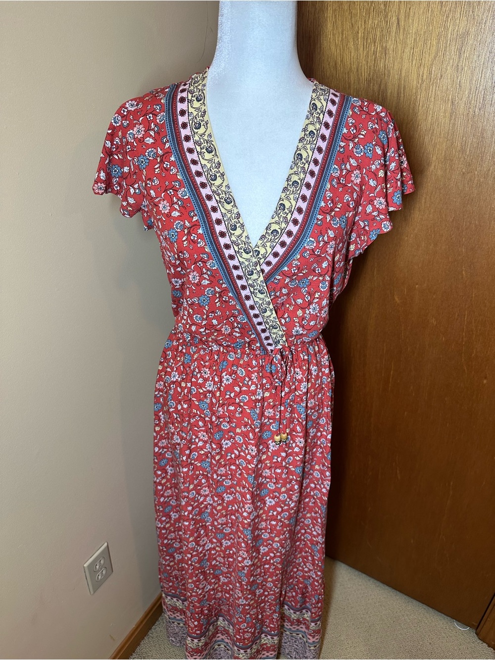 Boho Floral Maxi Dress Brick Red Pink Cottagecore Border Print sz S/M Empire